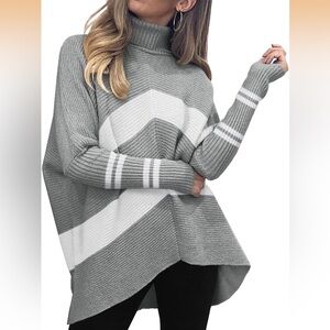 Gray and White Women's Tunic Turtleneck Sweater